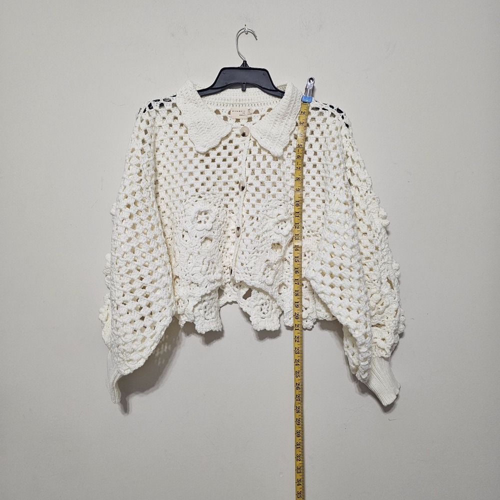 Dreamers Crochet Top Blouse Medium/Large White Long Balloon Sleeves Cropped 1047 - Picture 3 of 10